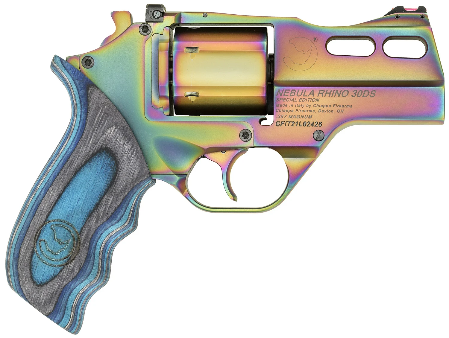 Chiappa Firearms CF340319 Rhino 30DA Nebula *CA Compliant 357 Mag 6 Shot, 3" Rainbow PVD Steel Vent Rib Barrel & Cylinder, Rainbow PVD Aluminum Frame, Blue Laminate Grip, Exposed Hammer