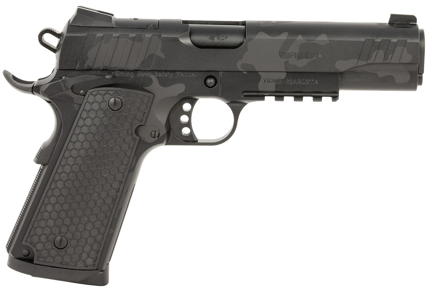Girsan 391157 MC1911 S Influencer Full Size 45 ACP 8+1 5″ Black Steel Barrel, Black Camo Optic Ready/Serrated Steel Slide & Frame w/Picatinny Rail & Beavertail, Black Polymer Grip