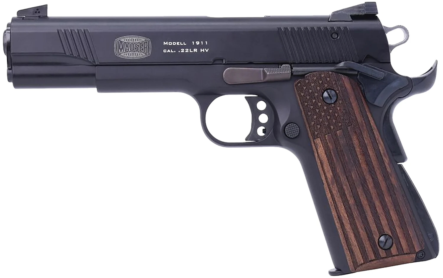Mauser Rimfire 4110608 1911 22 LR 10+1 5″ Black Steel Barrel, Black Serrated Aluminum Slide, Black Aluminum Frame w/Beavertail, Molded Wood Flag Grip, Ambidextrous