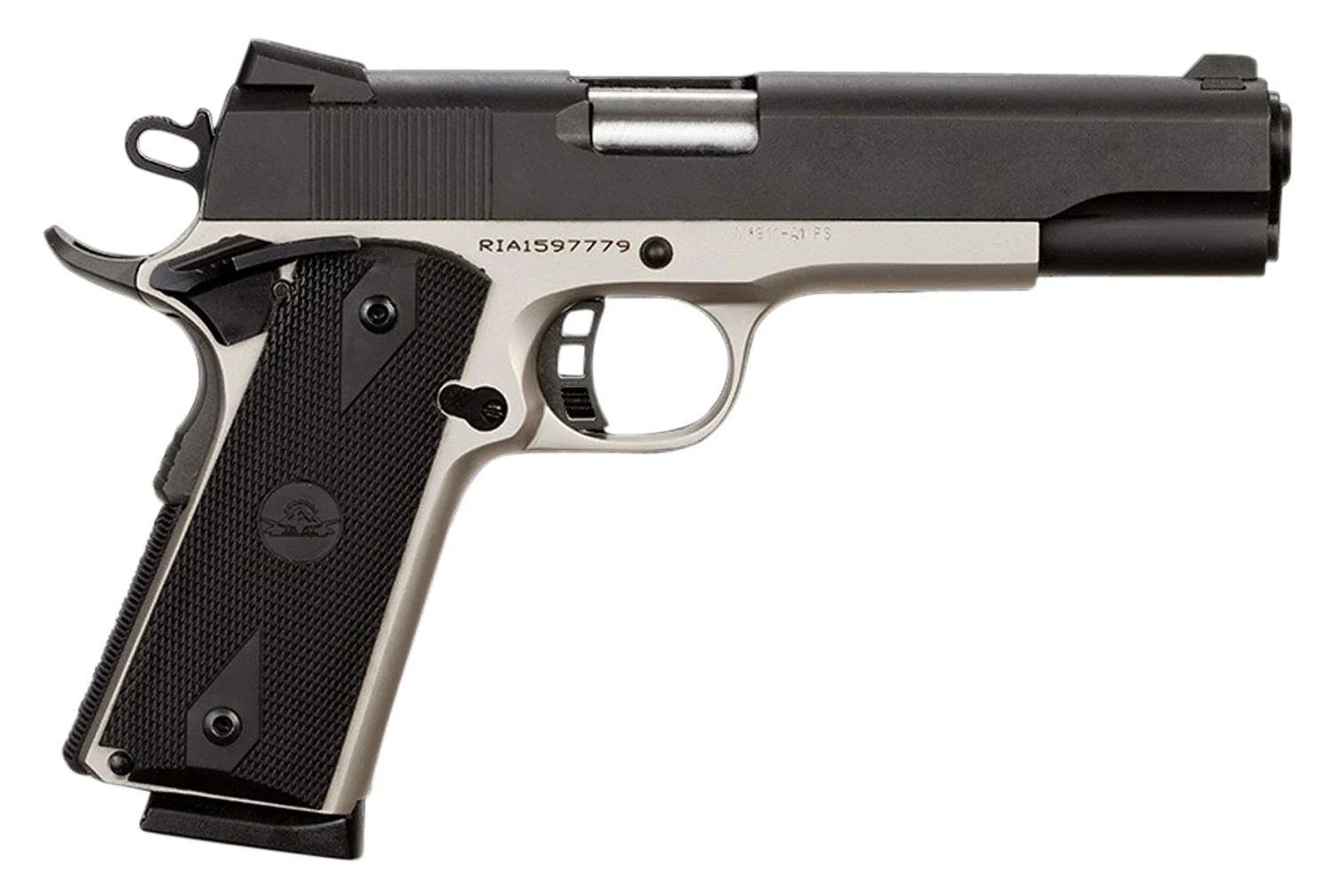 Rock Island 51447 Rock Standard FS 45 ACP Caliber with 5″ Barrel, 8+1 Capacity, Nickel Finish Steel Beavertail Frame, Serrated Black Parkerized Steel Slide & Black Rubber Grip